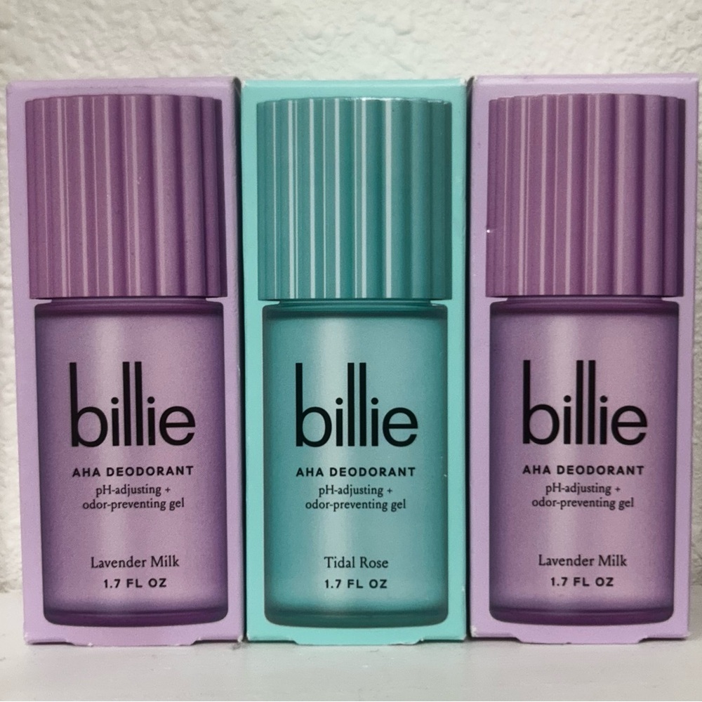 Billie AHA Deodorant 3 Pack Lavender Milk Tidal Rose NEW Clean Beauty Gel